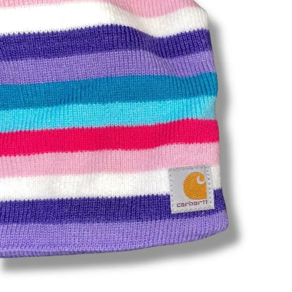 Carhartt Kids Youth Beanie Hat Striped Pink Purple Fleece Lined Winter CB8966